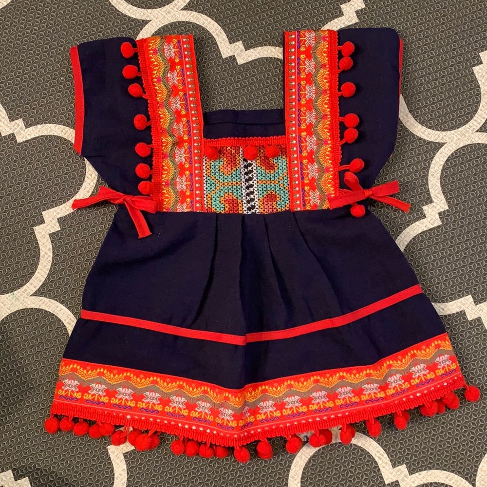 Baby Peruvian or Mexican dress with pom poms 3 months 6 months